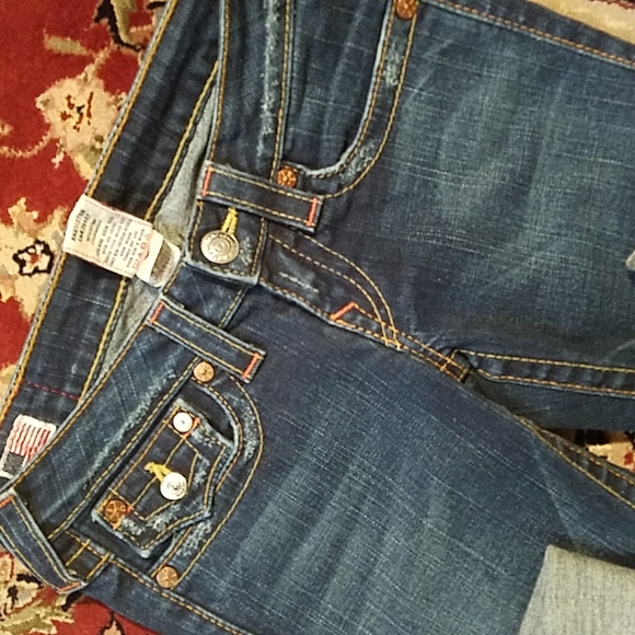 True Religion 25 Long Flap pocket Joey twist Boot Orange stitching Distressed - Picture 10 of 14